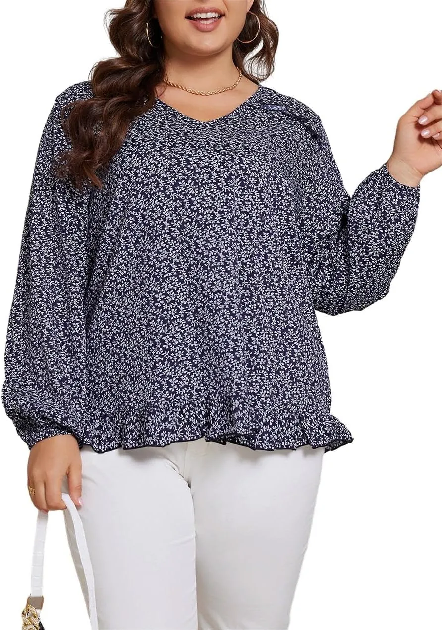 SOLY HUX Women's Plus Size Allover Print V Neck Bishop Long Sleeve Ruffle Hem Blouse Tops