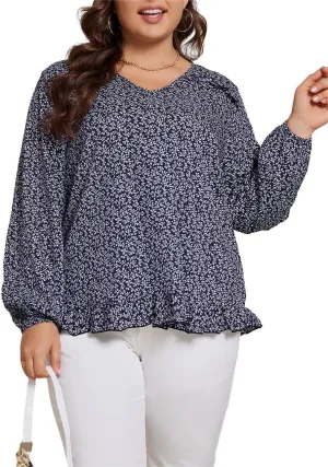 SOLY HUX Women's Plus Size Allover Print V Neck Bishop Long Sleeve Ruffle Hem Blouse Tops