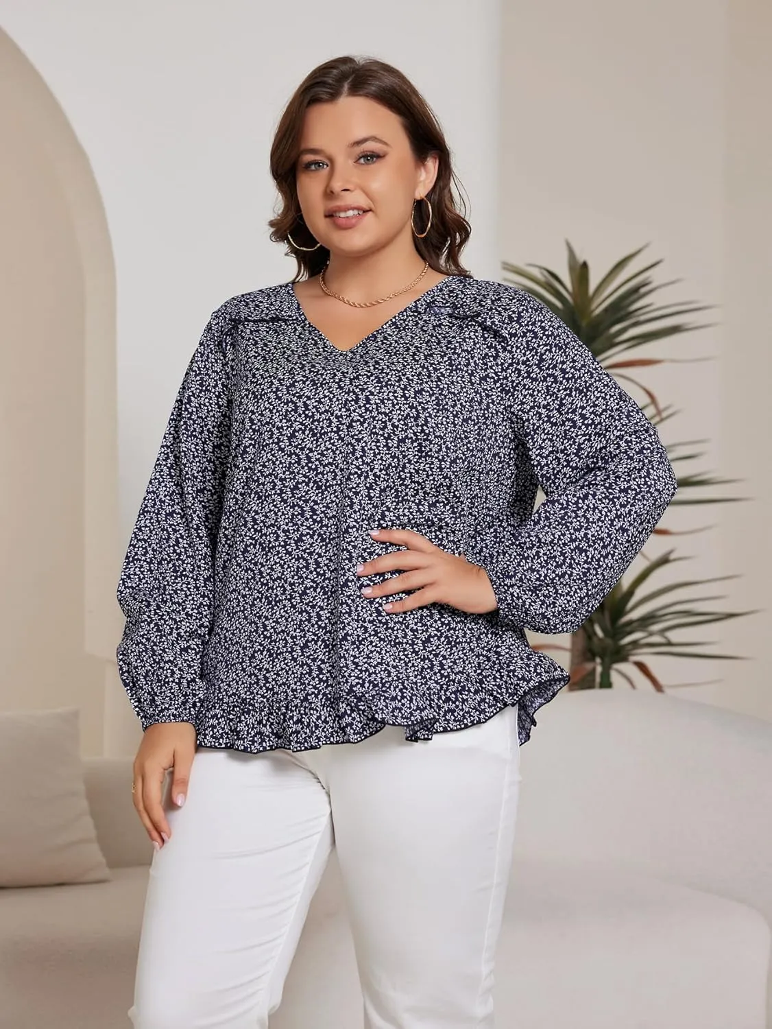 SOLY HUX Women's Plus Size Allover Print V Neck Bishop Long Sleeve Ruffle Hem Blouse Tops