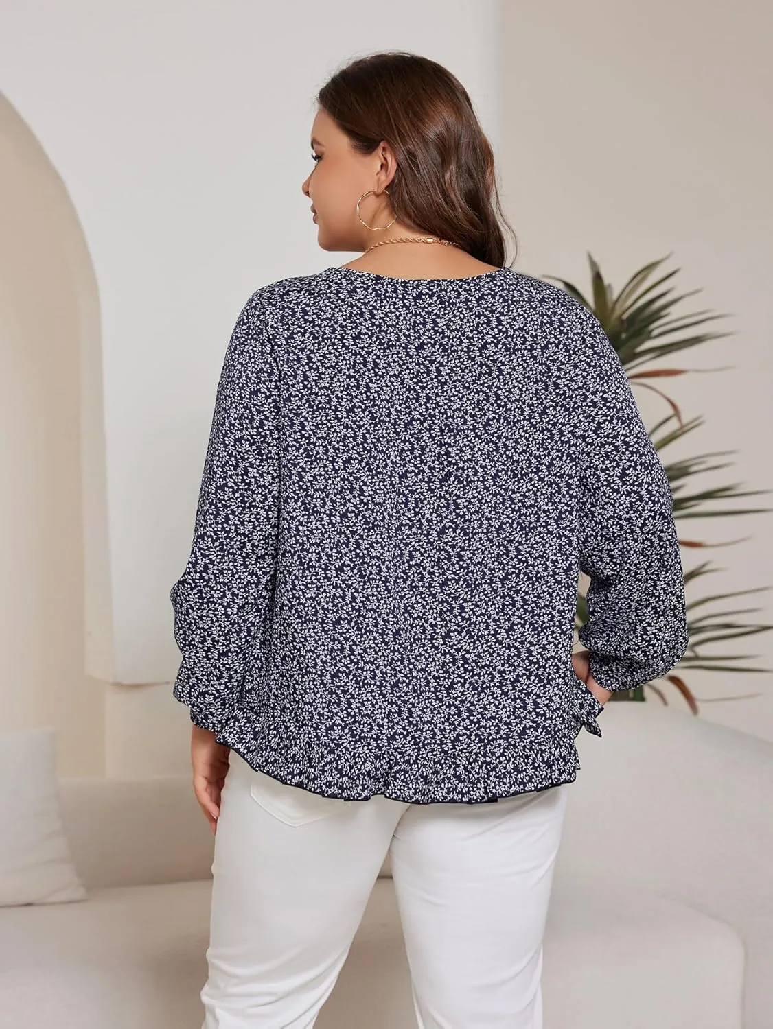 SOLY HUX Women's Plus Size Allover Print V Neck Bishop Long Sleeve Ruffle Hem Blouse Tops