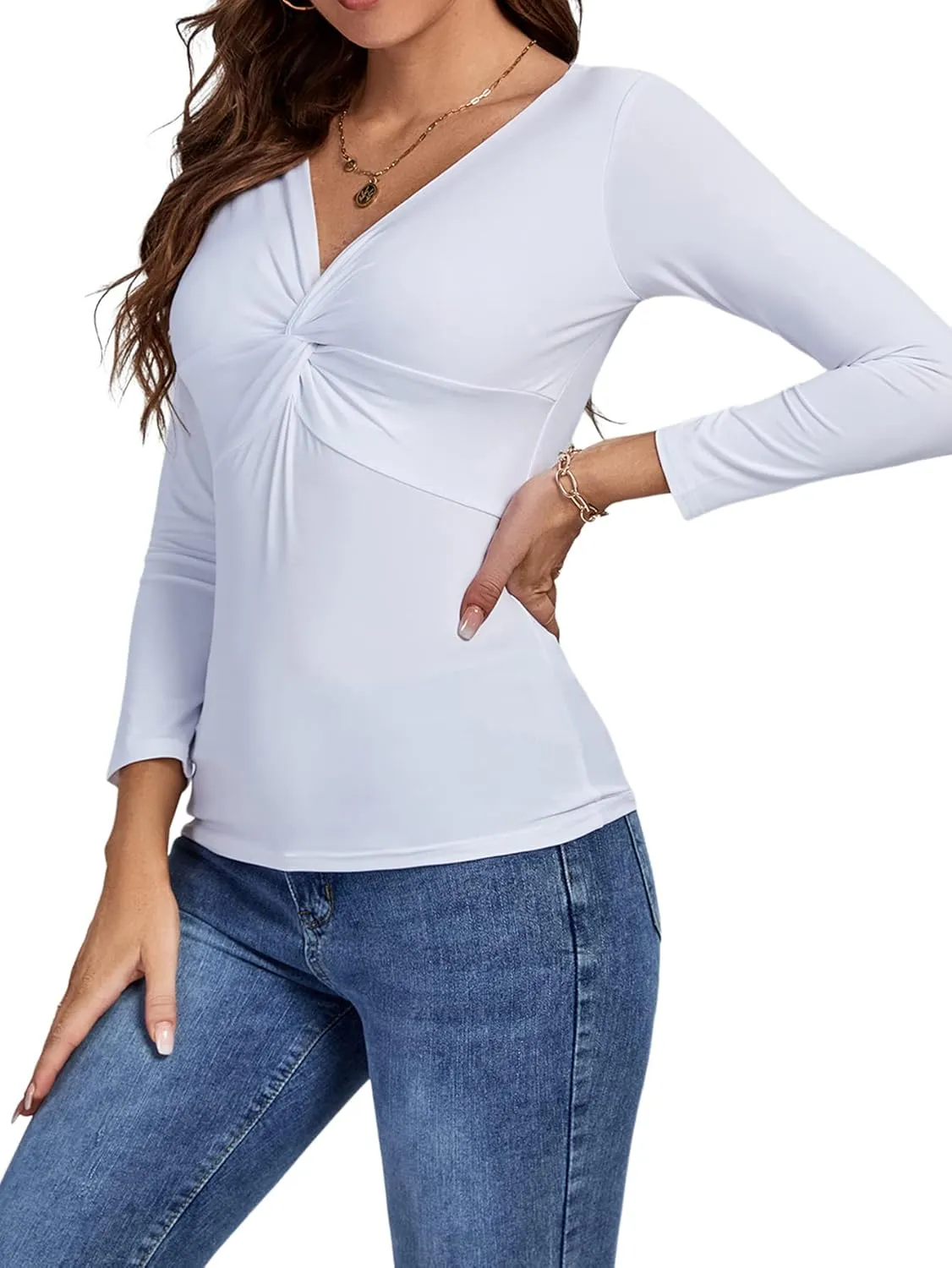Umenlele Women's Deep V Neck Twist Knot Front Long Sleeve T-Shirt Top