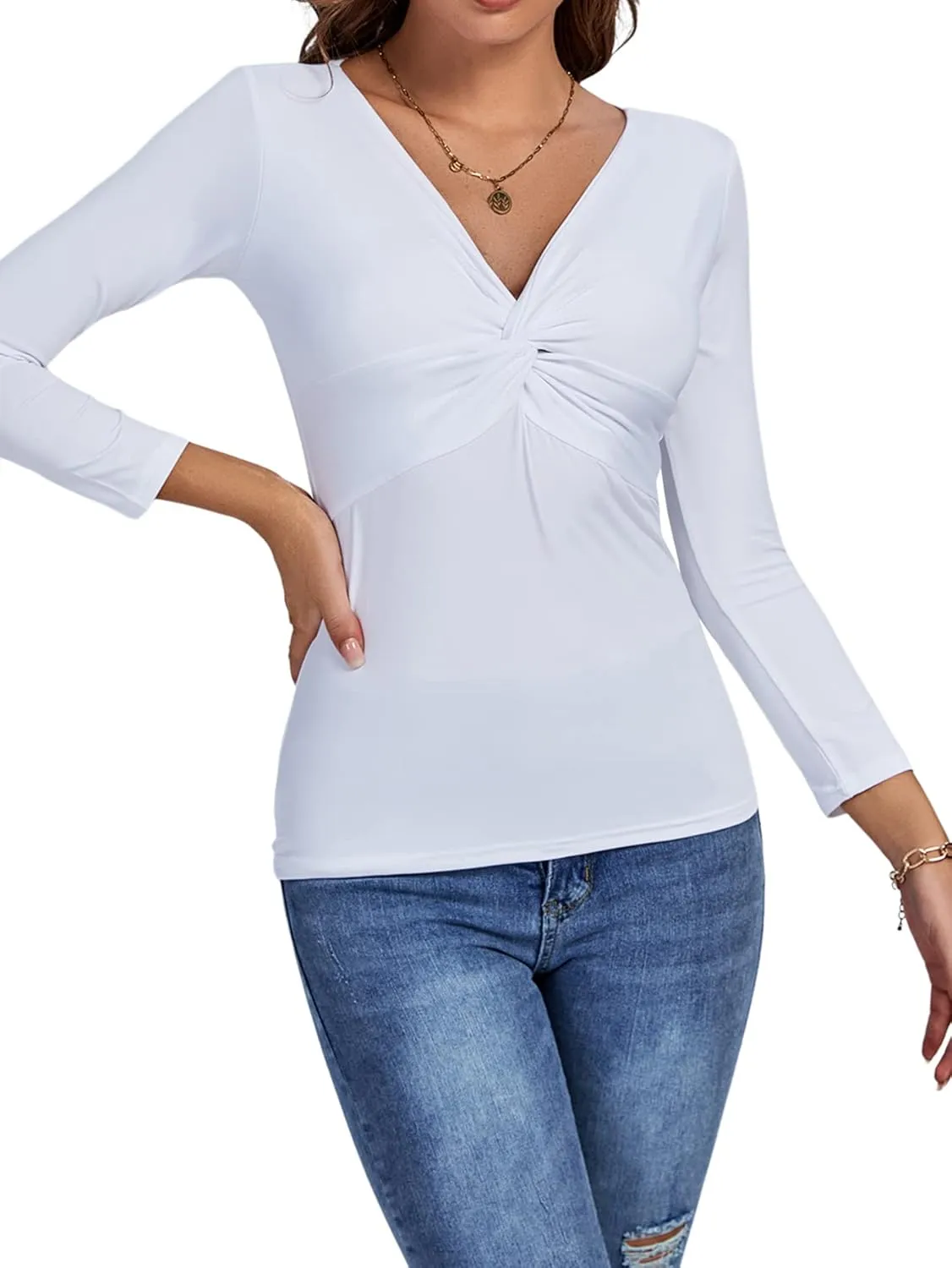 Umenlele Women's Deep V Neck Twist Knot Front Long Sleeve T-Shirt Top