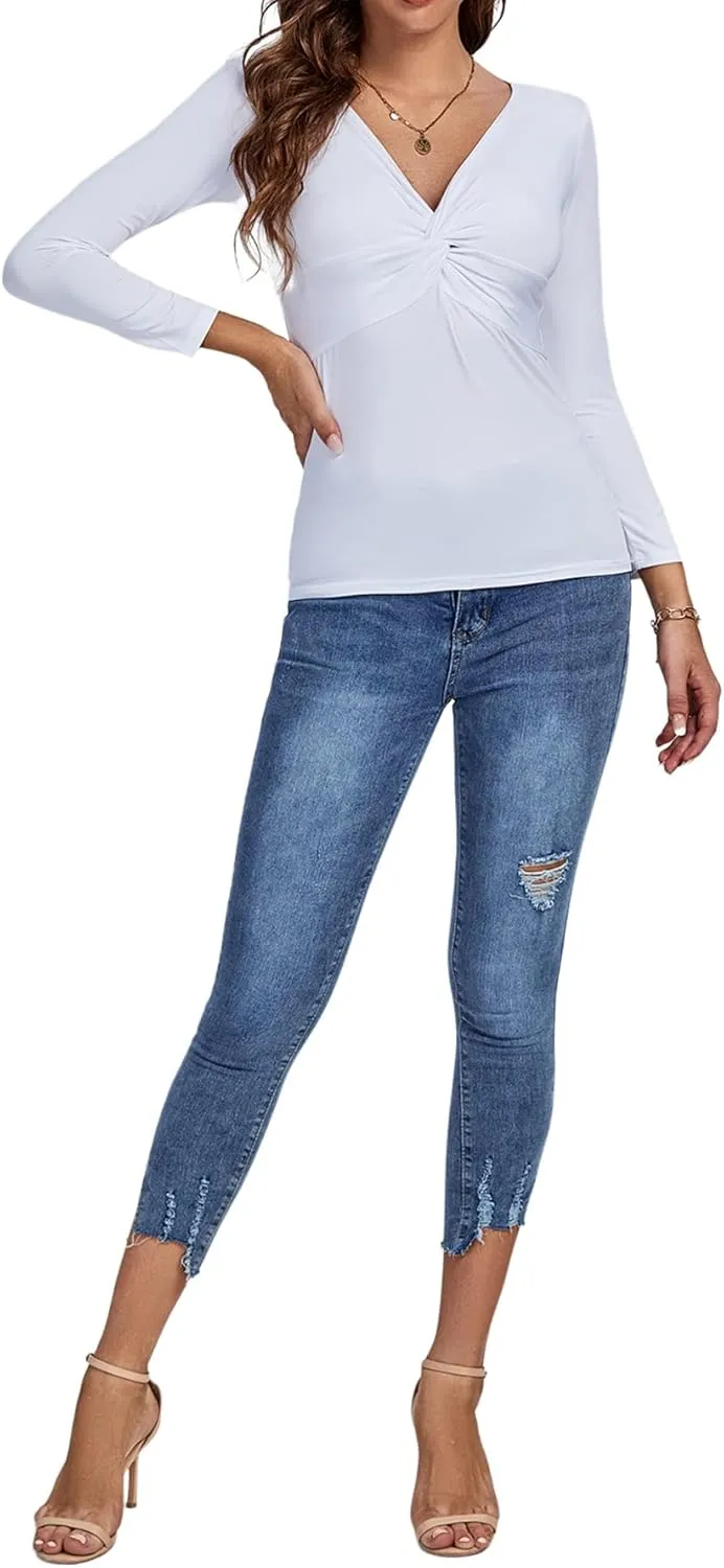 Umenlele Women's Deep V Neck Twist Knot Front Long Sleeve T-Shirt Top