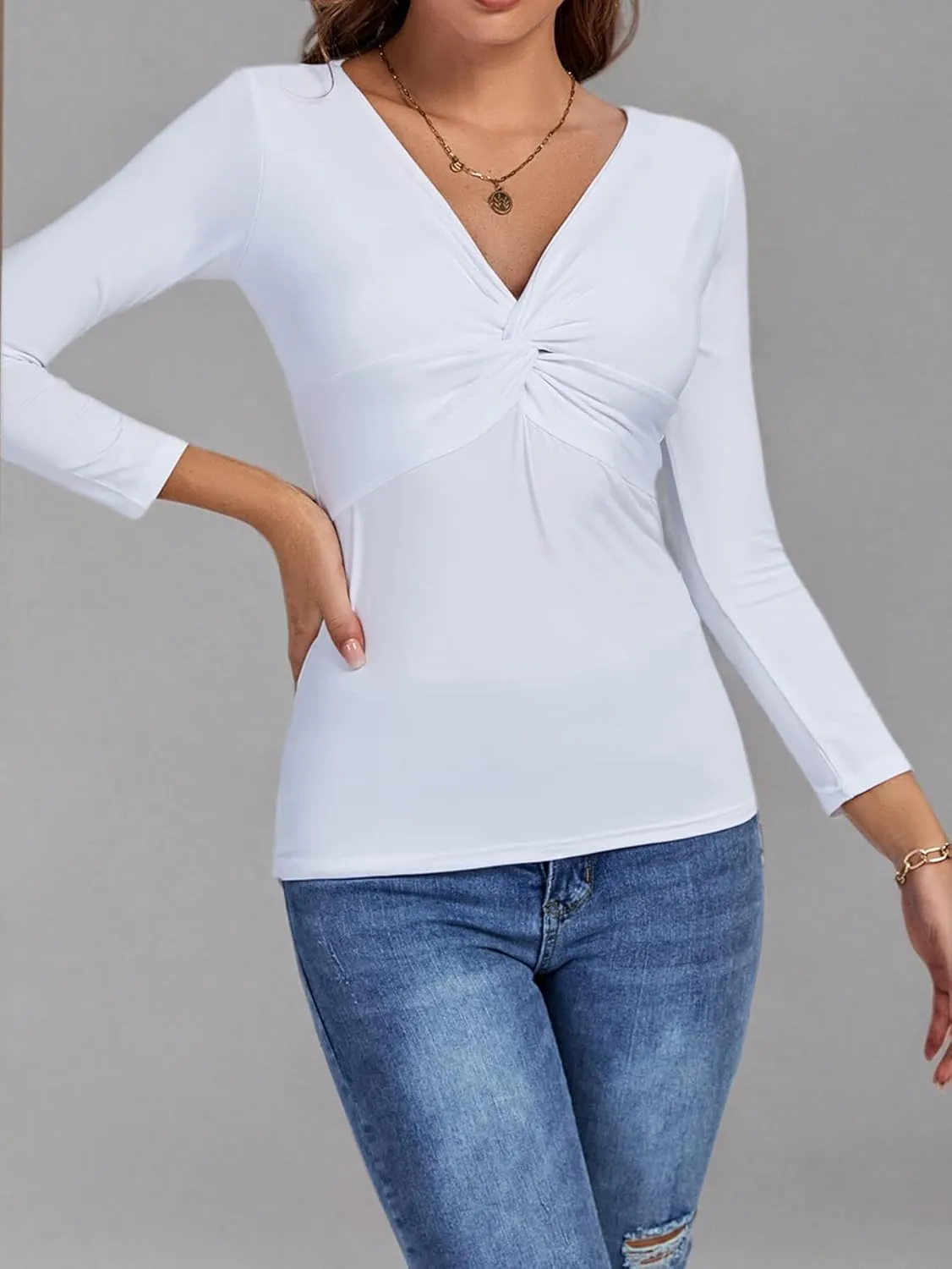 Umenlele Women's Deep V Neck Twist Knot Front Long Sleeve T-Shirt Top
