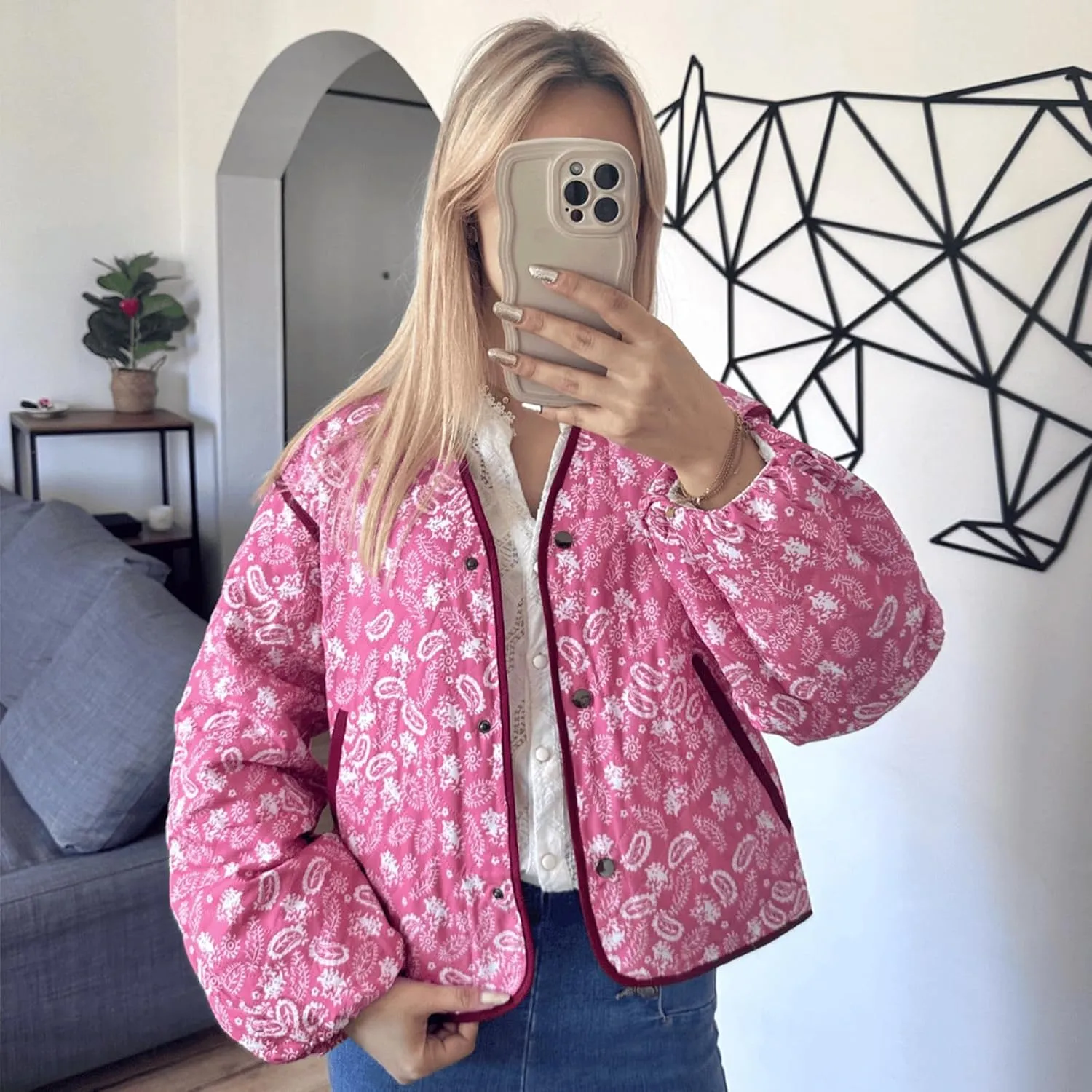 Women Floral Print Quilted Jackets Warm Long Sleeve Button Down Open Front Padded Jackets Lightweight Puffer Coat