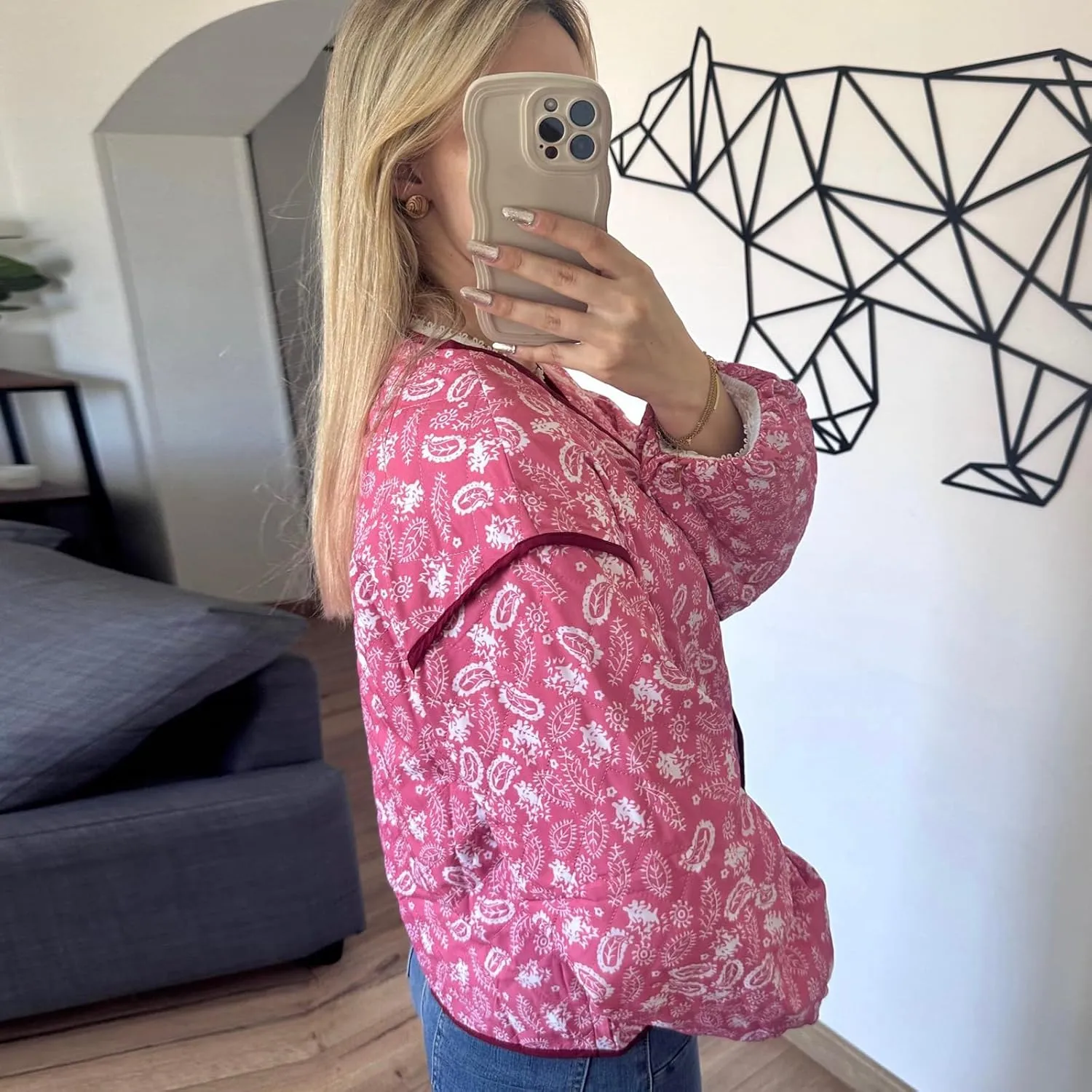 Women Floral Print Quilted Jackets Warm Long Sleeve Button Down Open Front Padded Jackets Lightweight Puffer Coat