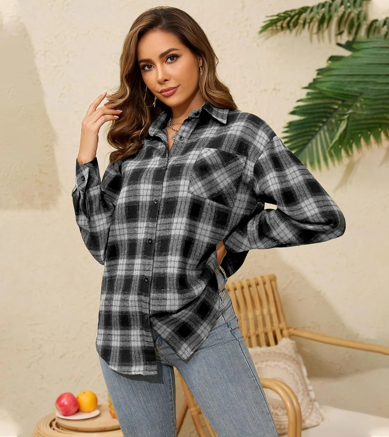 Womens Flannel Plaid Button Down Shirt Roll Up Long Sleeve Collared Shacket Coats Casual Blouses Tops with Pocket