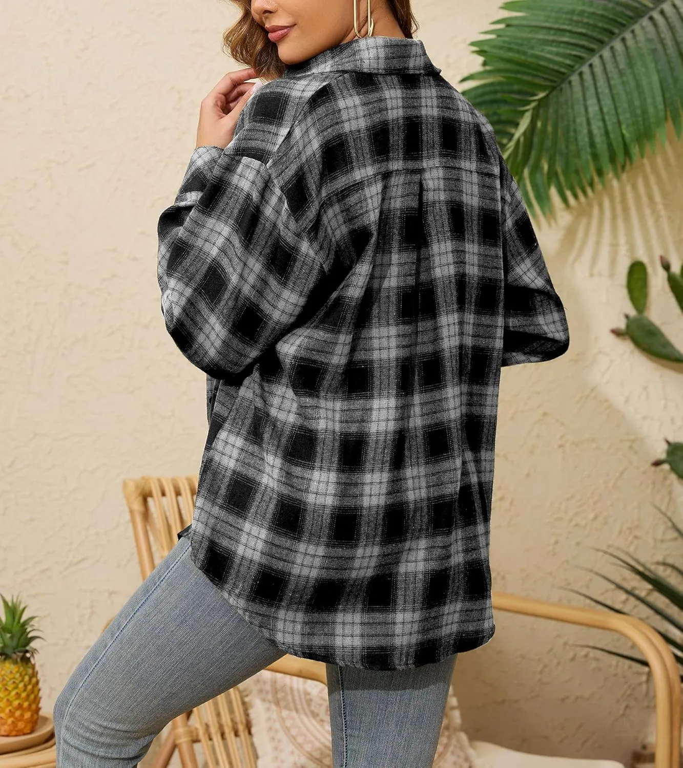 Womens Flannel Plaid Button Down Shirt Roll Up Long Sleeve Collared Shacket Coats Casual Blouses Tops with Pocket