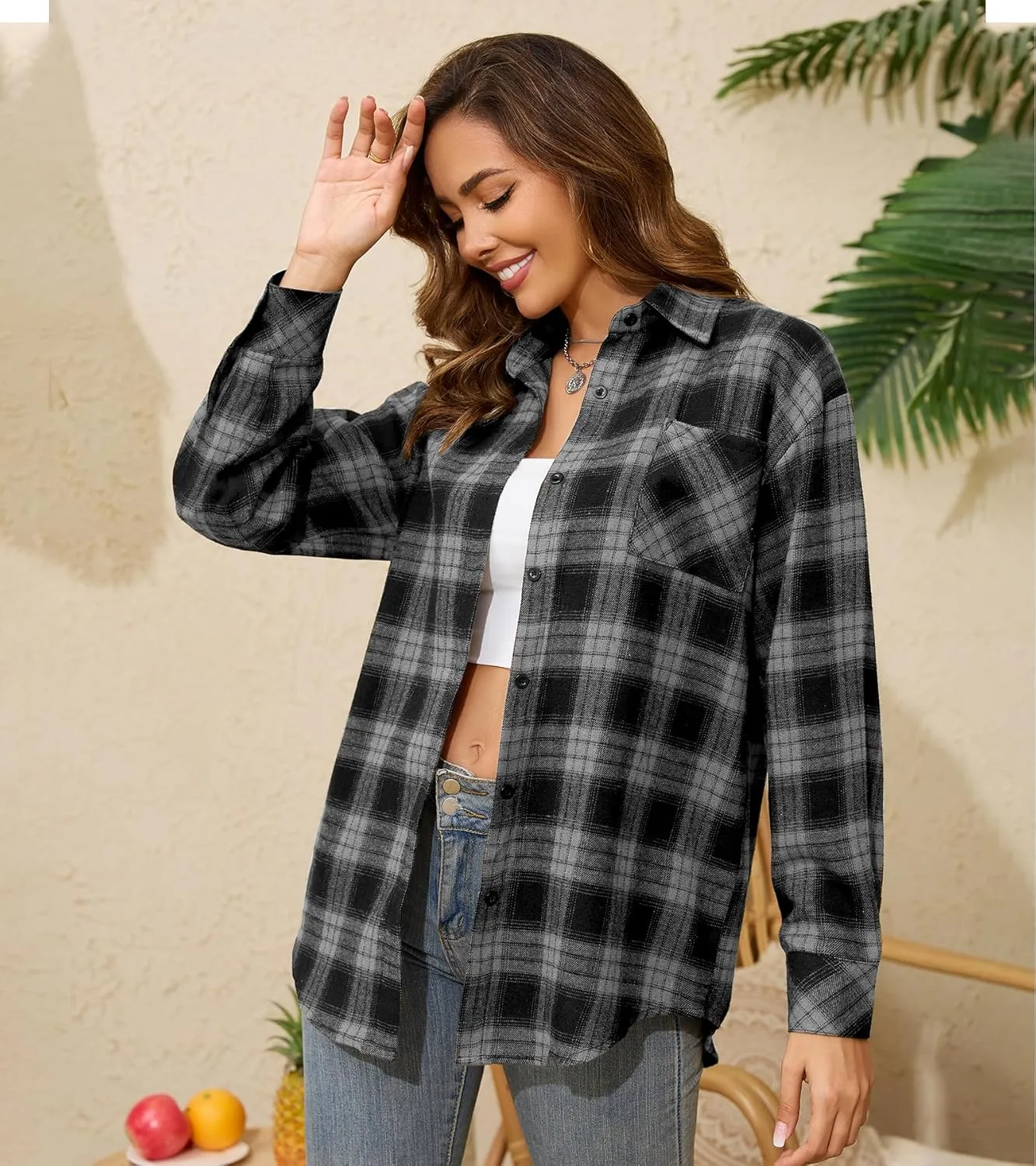 Womens Flannel Plaid Button Down Shirt Roll Up Long Sleeve Collared Shacket Coats Casual Blouses Tops with Pocket