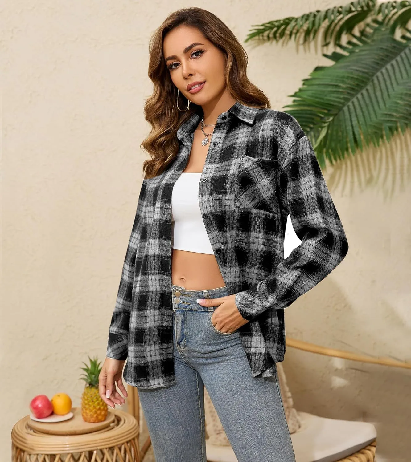 Womens Flannel Plaid Button Down Shirt Roll Up Long Sleeve Collared Shacket Coats Casual Blouses Tops with Pocket
