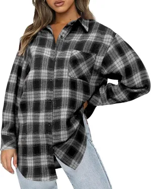 Womens Flannel Plaid Button Down Shirt Roll Up Long Sleeve Collared Shacket Coats Casual Blouses Tops with Pocket