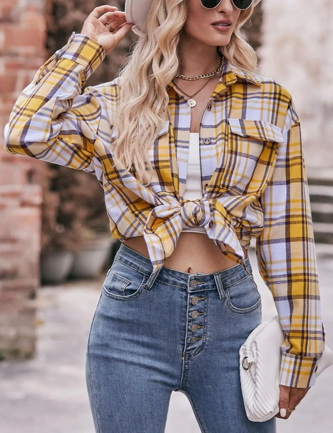 Womens Oversized Flannel Plaid Shirts Casual Button Down Blouse Tops with Pockets