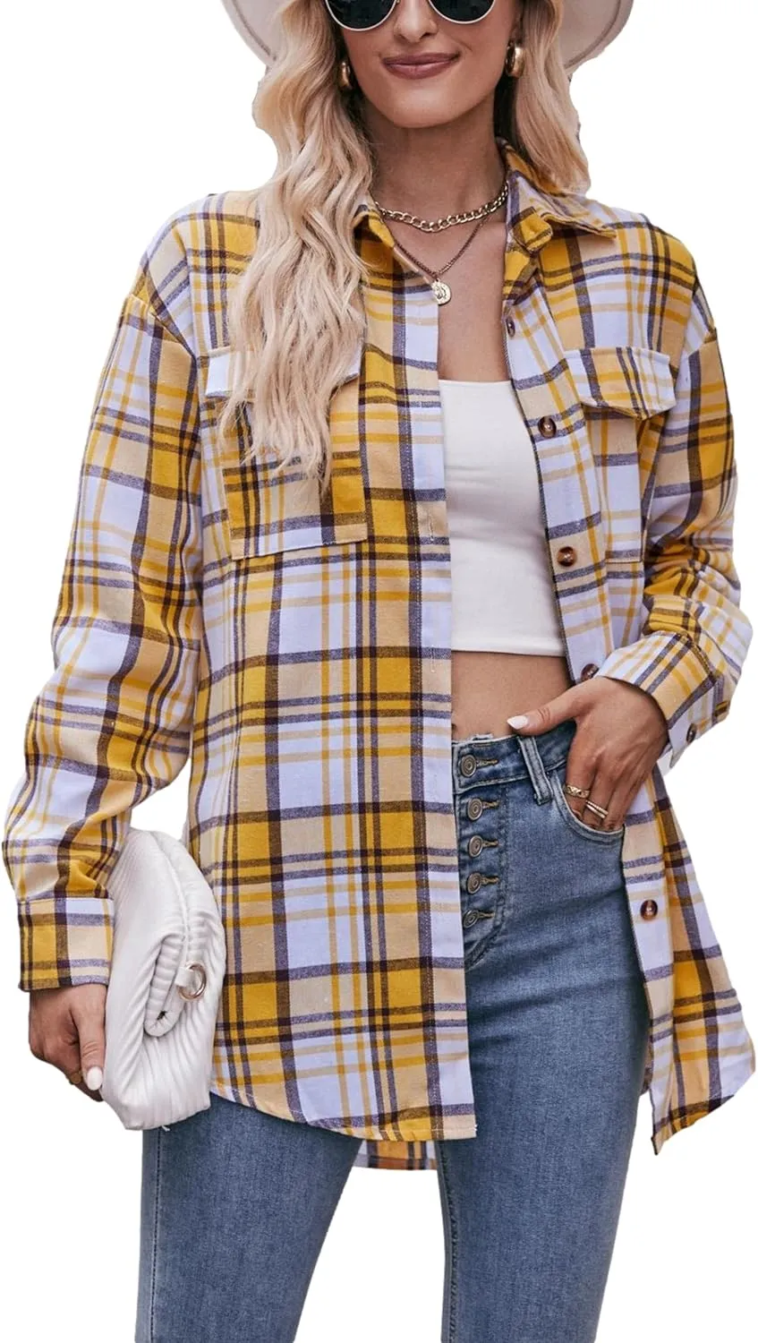 Womens Oversized Flannel Plaid Shirts Casual Button Down Blouse Tops with Pockets