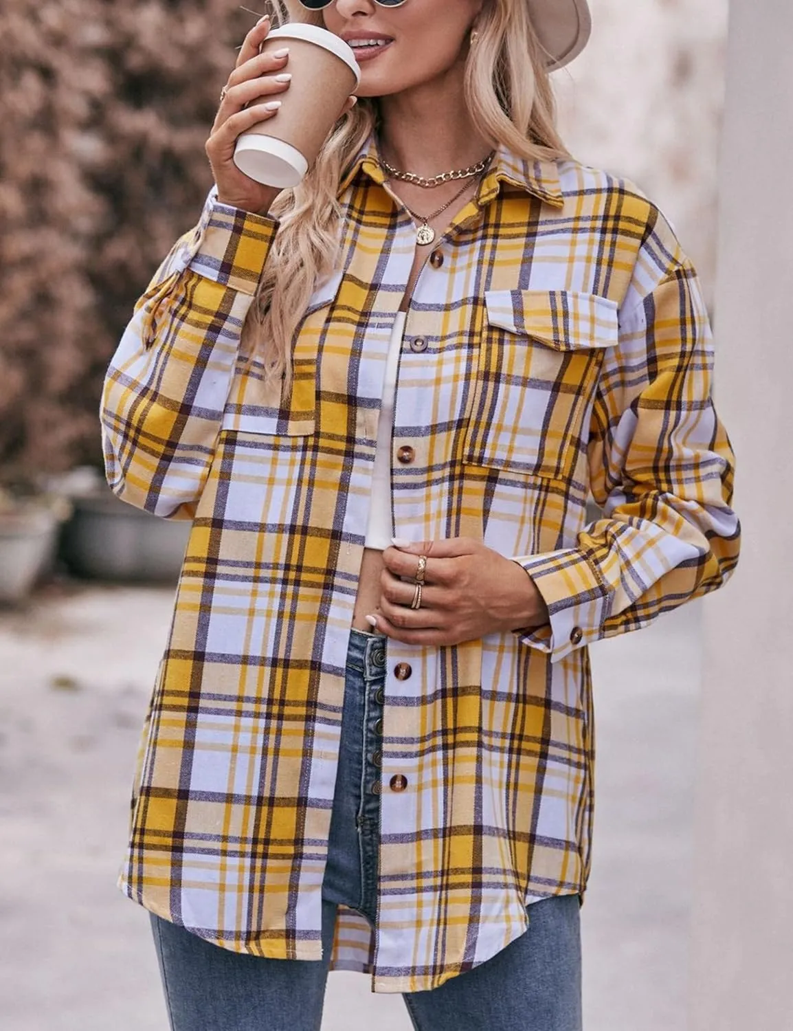 Womens Oversized Flannel Plaid Shirts Casual Button Down Blouse Tops with Pockets