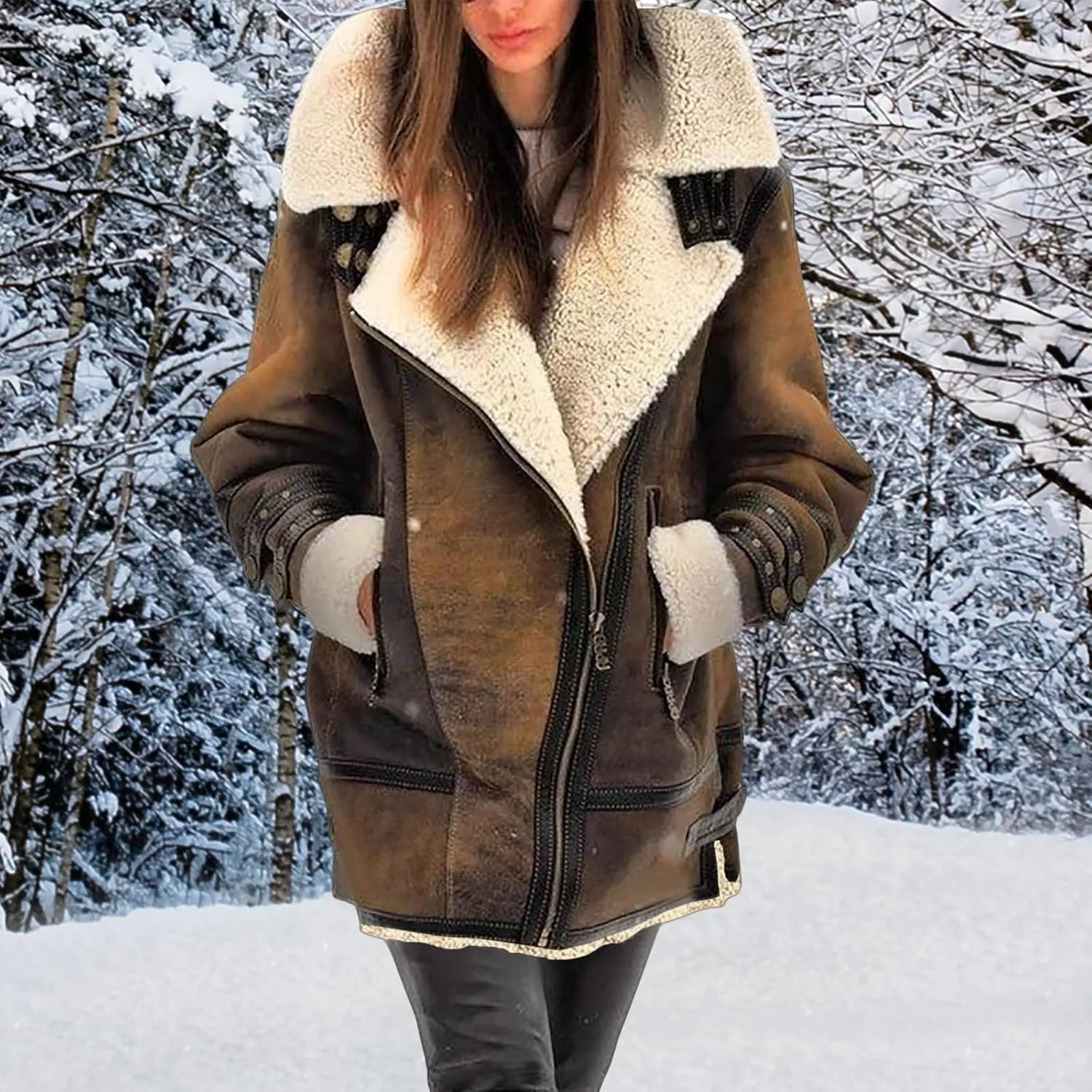 Womens Sherpa Lined Jacket Faux Leather Suede Jacket Casual Zip Up Winter Coat Moto Jacket Plus Size Warm Coat