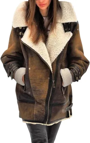 Womens Sherpa Lined Jacket Faux Leather Suede Jacket Casual Zip Up Winter Coat Moto Jacket Plus Size Warm Coat