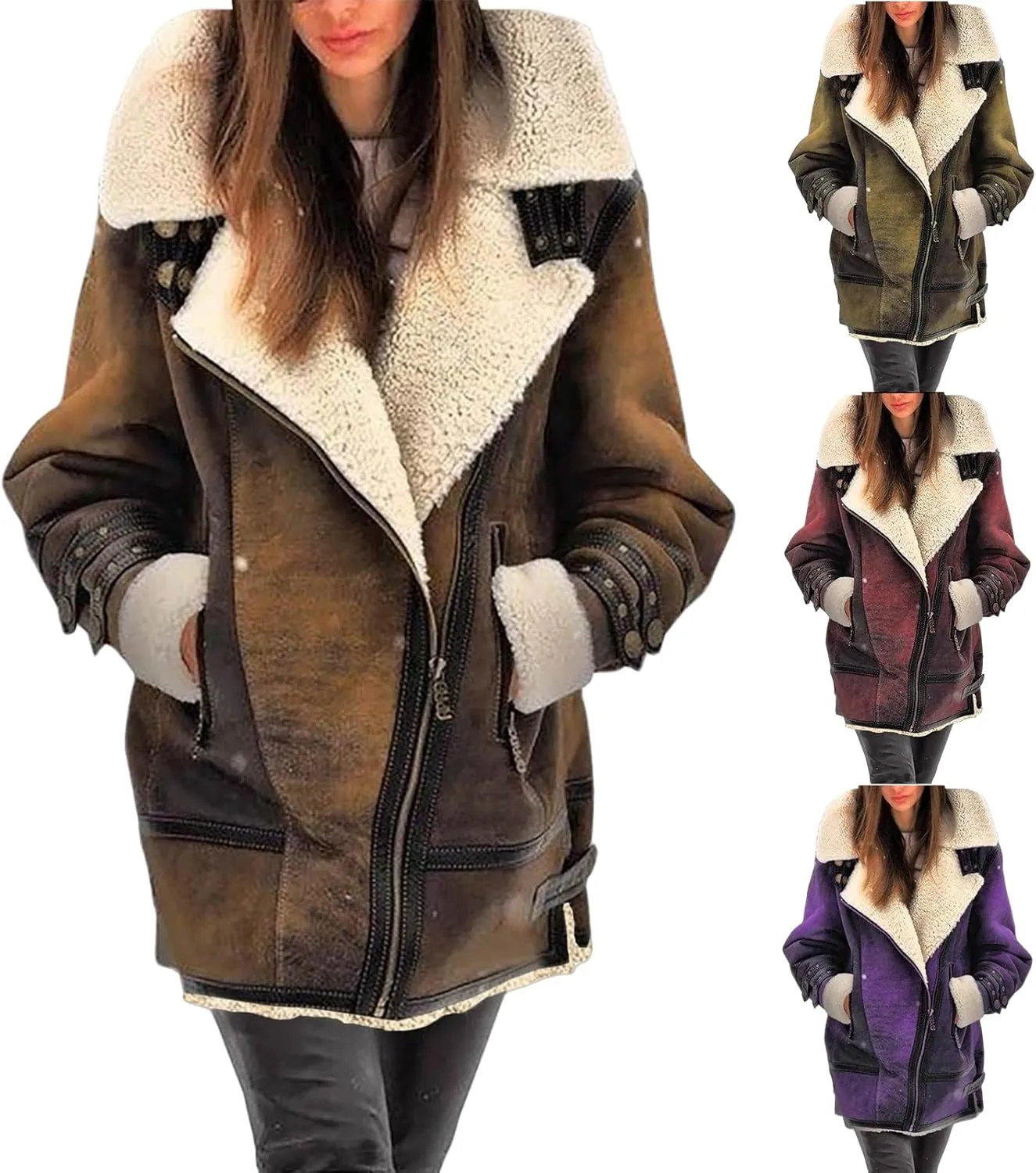 Womens Sherpa Lined Jacket Faux Leather Suede Jacket Casual Zip Up Winter Coat Moto Jacket Plus Size Warm Coat