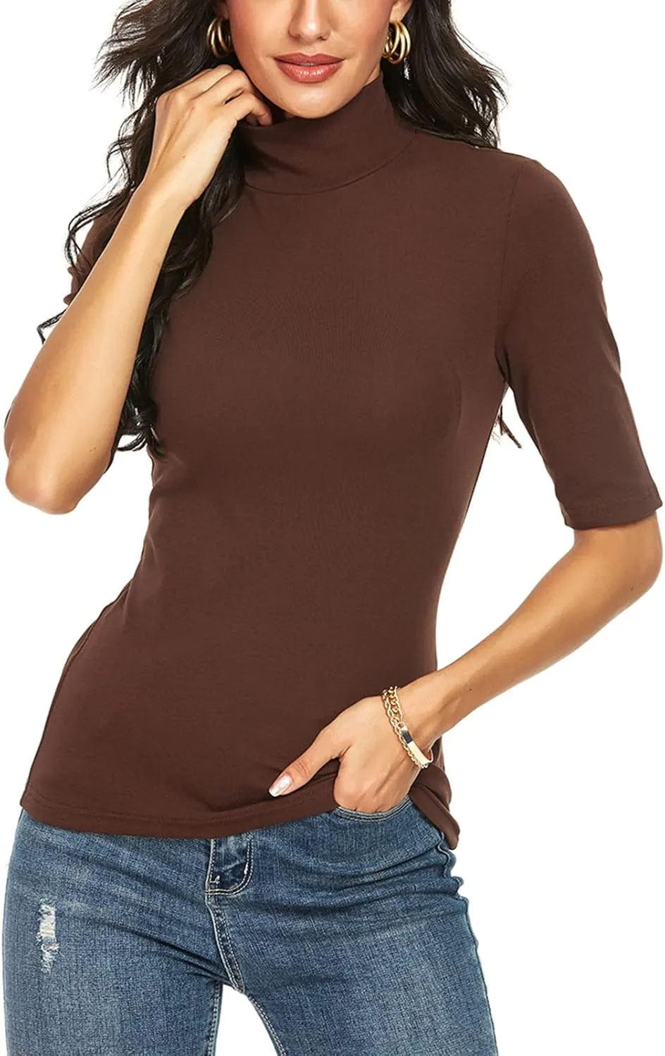 Womens Short Sleeve Mock Turtleneck Business Casual Tops Slim Fitted Plain Tee Shirts Size S-XL