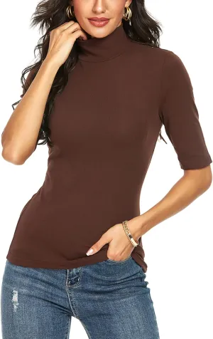 Womens Short Sleeve Mock Turtleneck Business Casual Tops Slim Fitted Plain Tee Shirts Size S-XL