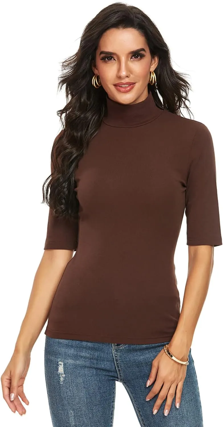 Womens Short Sleeve Mock Turtleneck Business Casual Tops Slim Fitted Plain Tee Shirts Size S-XL